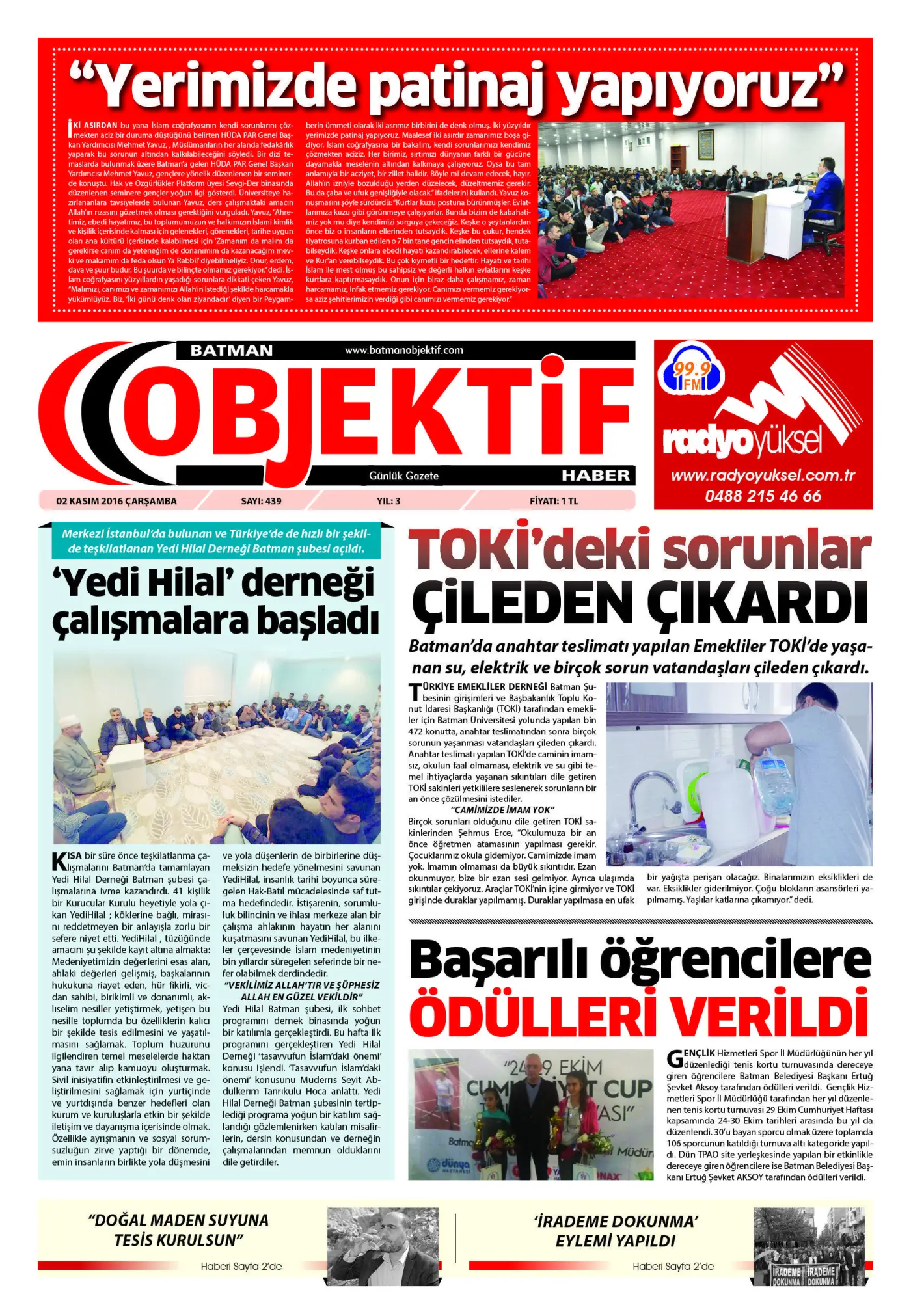 01.11.2016 tarihli sayı, 1. sayfa