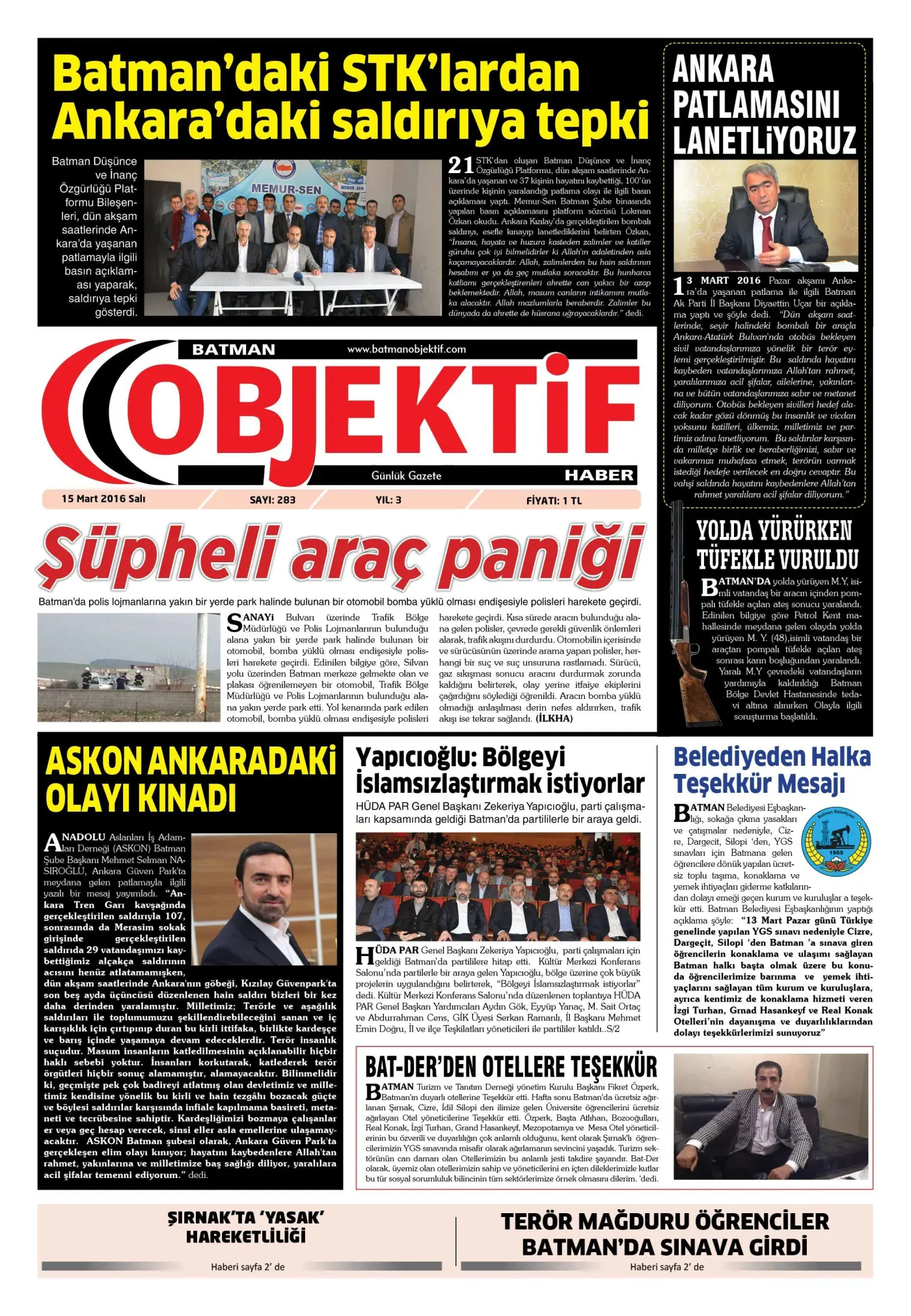 15.03.2016 tarihli sayı, 1. sayfa